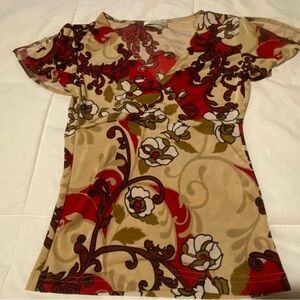 Floral V-Neck Women Top - Red and Cream
